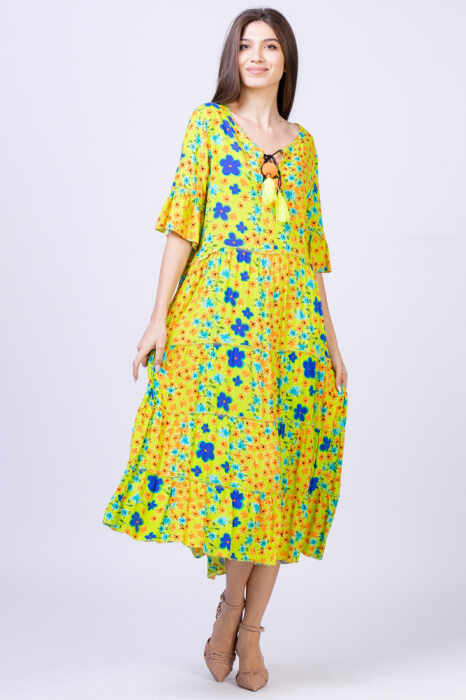 Rochie lunga lime cu imprimeu floral multicolor, din vascoza