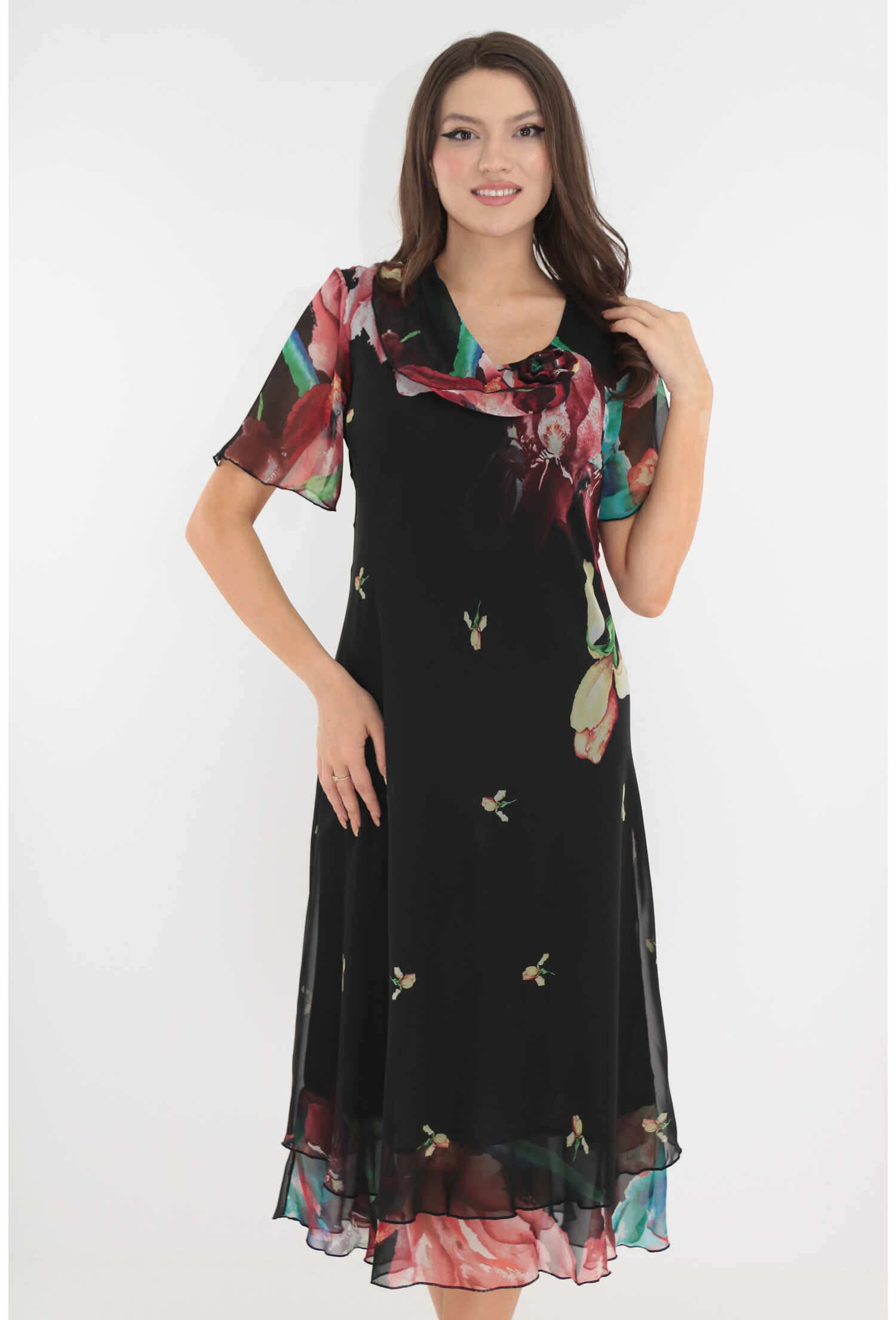 Rochie eleganta din voal negru cu print floral multicolor