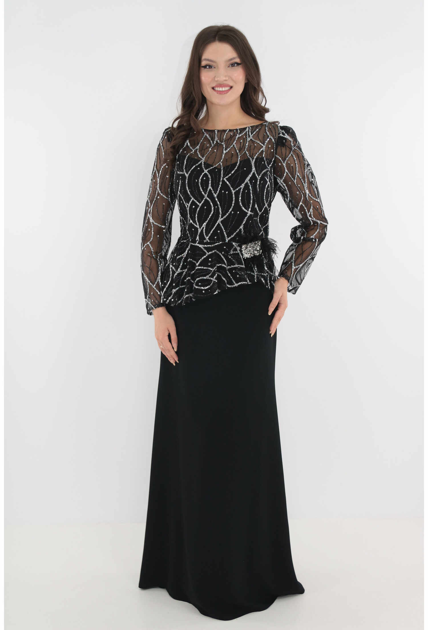 Rochie eleganta lunga neagra cu dantela argintie