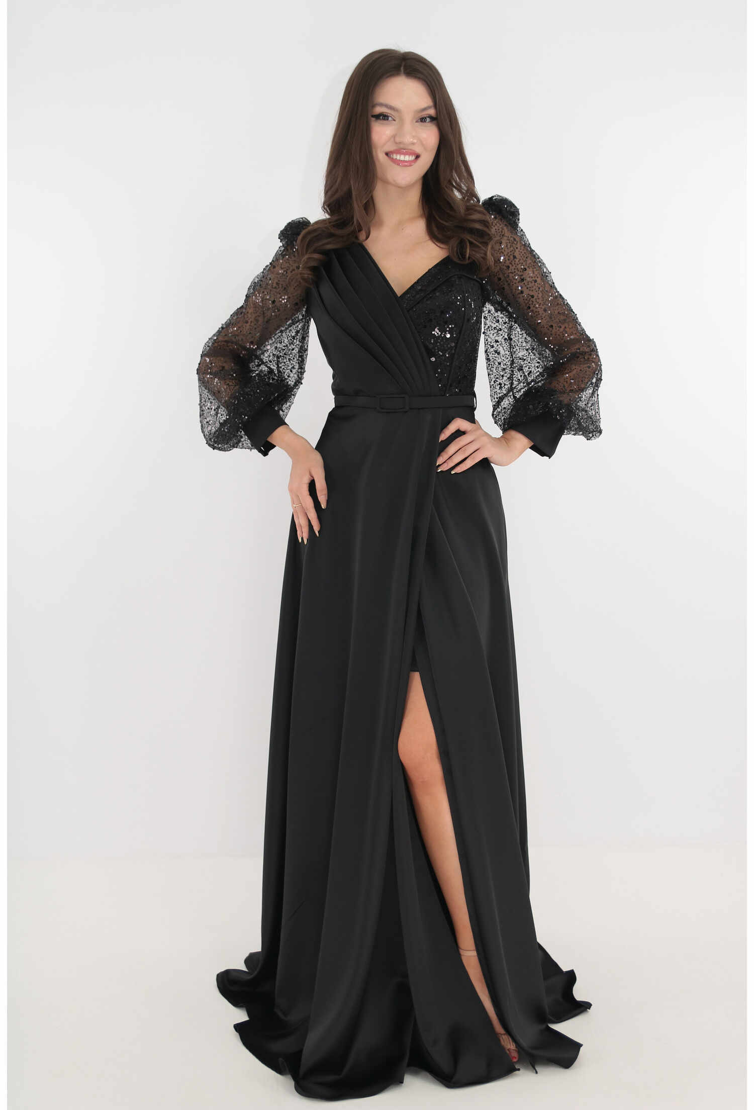 Rochie lunga eleganta neagra din tafta