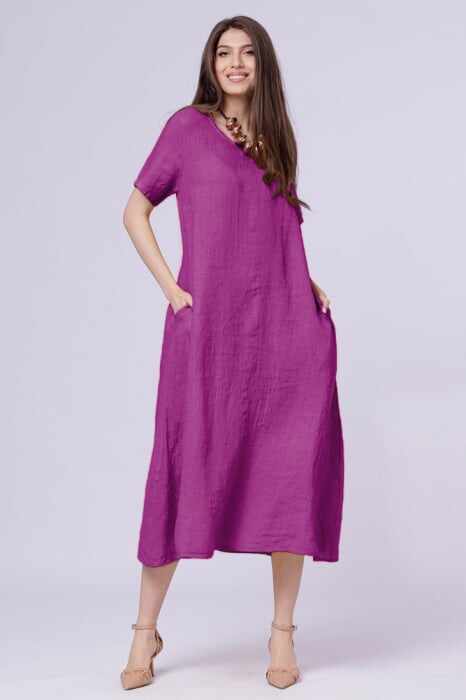 Rochie din in lunga, A-line, magenta