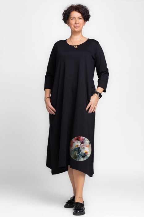Rochie lunga A-line din tricot de bumbac neagra cu imprimeu floare acuarela