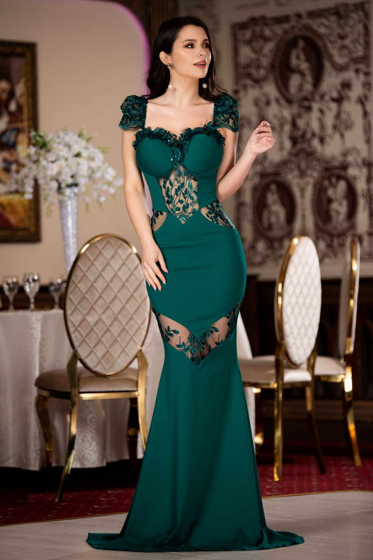 Rochie de lux sirena Isadora verde cu dantela pretioasa si paiete discrete