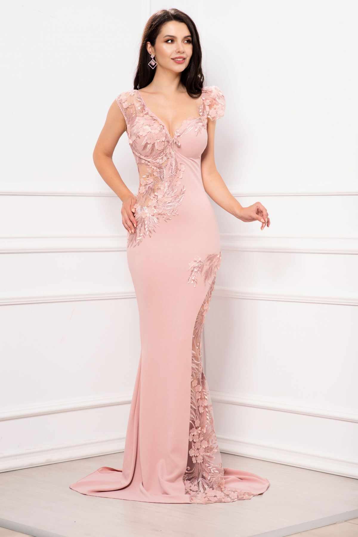 Rochie eleganta de seara sirena Fabrizia roz cu flori 3D brodate
