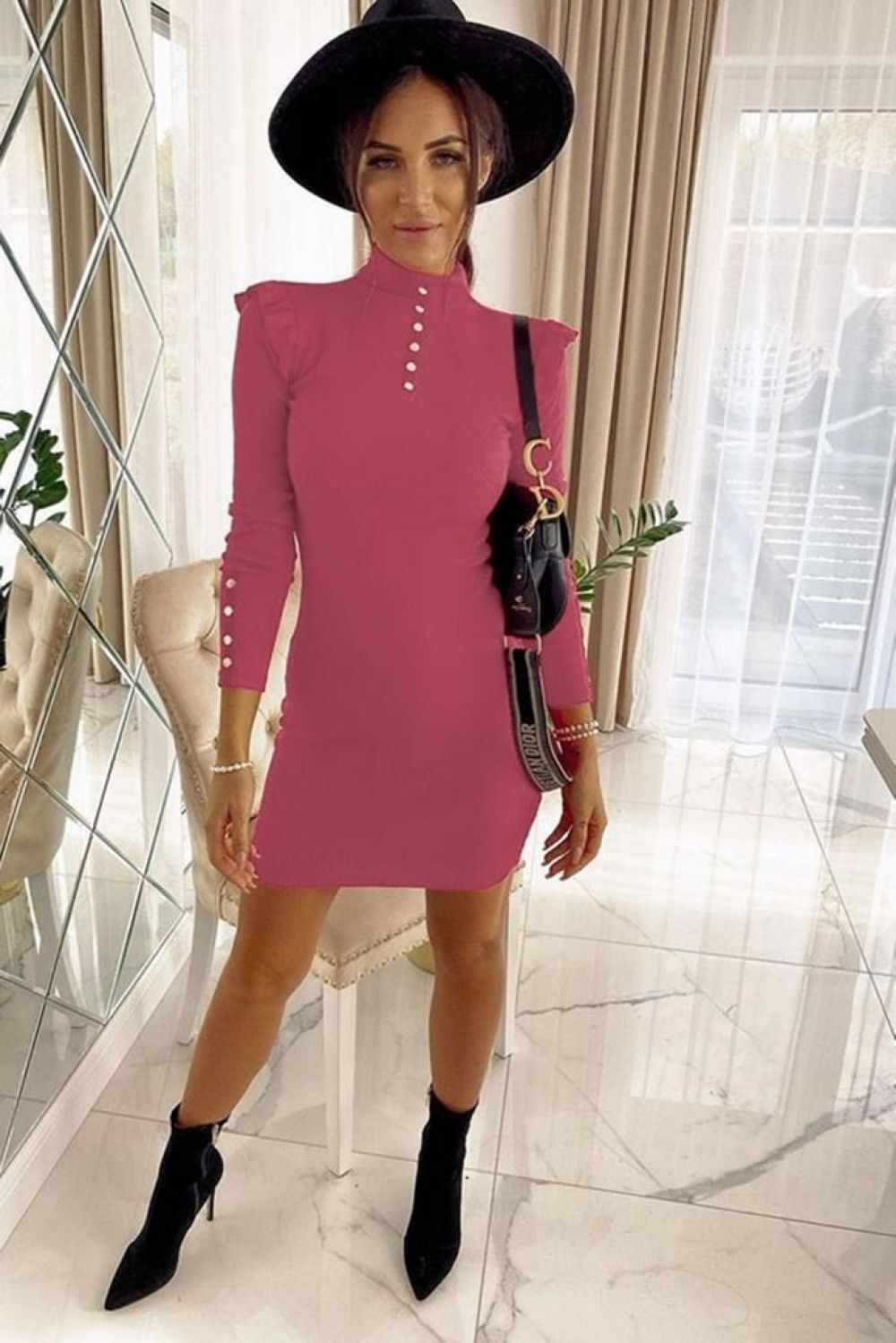 Rochie casual conica din tricot de culoare roz